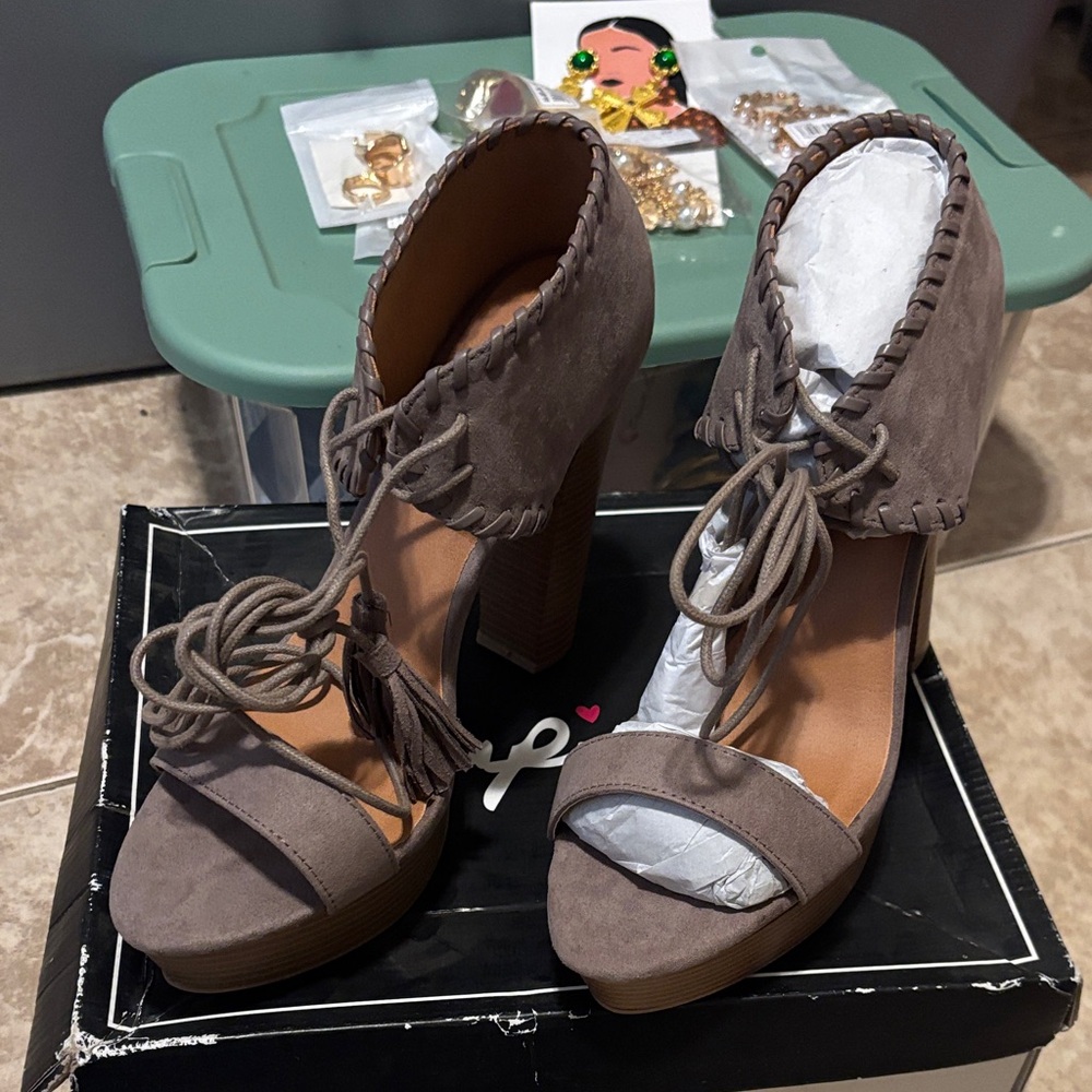 Qupid Women's Taupe Lace-Up Block Heels